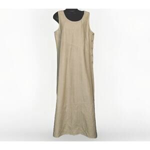 Denim & Co Maxi Linen Coverall Shift Dress LG Cream Embroidered Boho Button Side